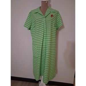 Vtg 60s 70s Flutterbye Green White Striped House Dress Zip Front Strawberry XL